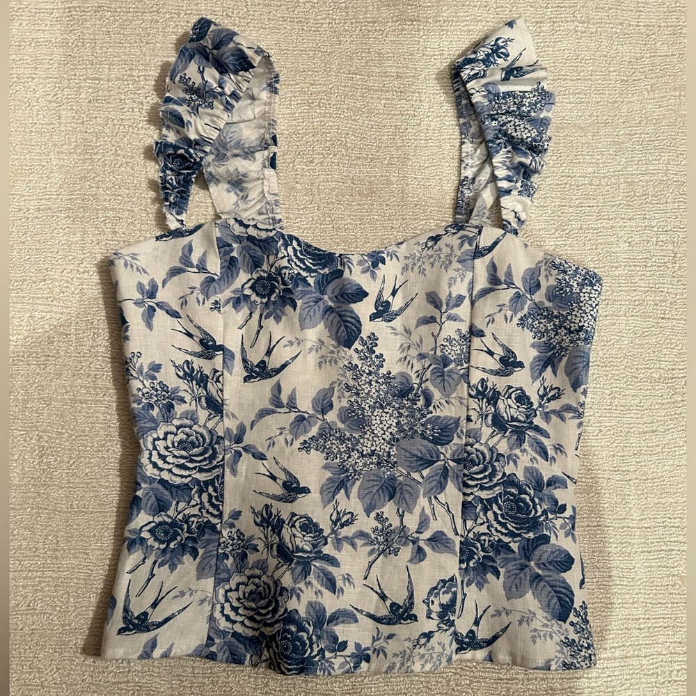 Reformation Blue & White Linen Top, Size 8 NWT
